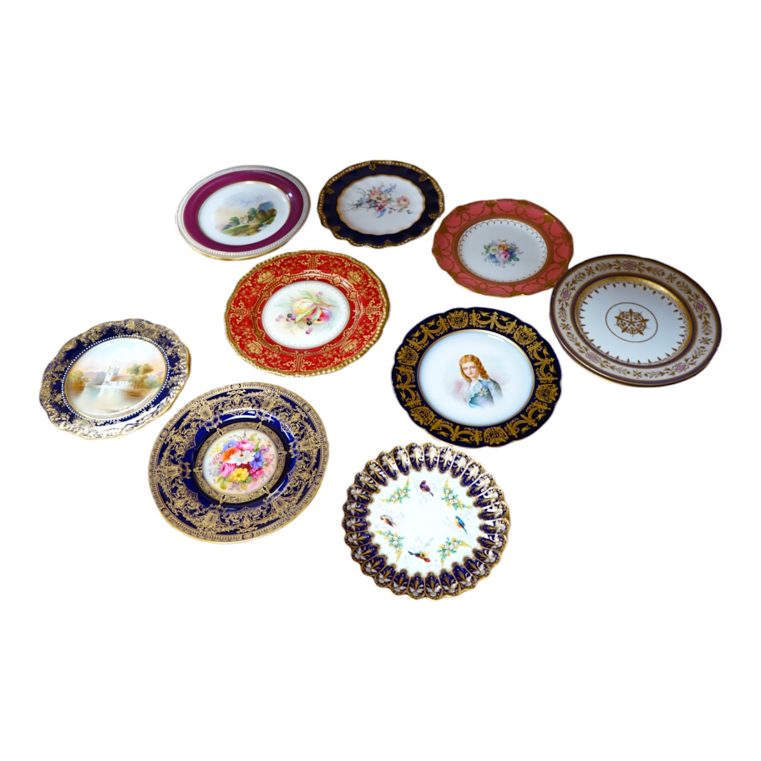 A collection of English porcelain plates, highlights include a Royal Doulton fruit painted cabinet plate signed F Harper, a Royal Worcester flower painted cabinet plate signed E Phillips, and Aynsley plate painted with a